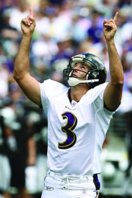 Ravens place kicker Matt Stover raises his arms to the sky after kicking his third field goal of the first half during Baltimore's  28-6 win over Oakland at M&T Bank Stadium on Sunday, Sept. 17, 2006.